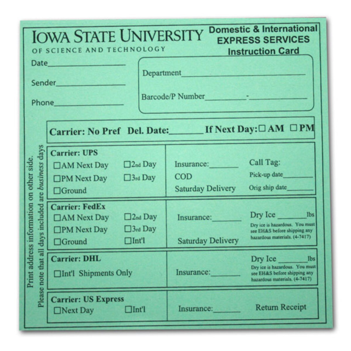 Iowa State University Express Services Mail Instruction Card
